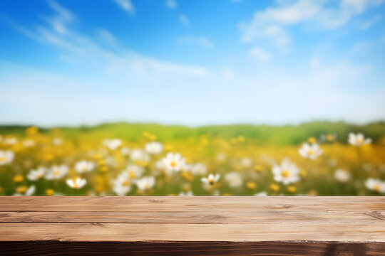 Empty wooden table light brown wood texture Blurred background, natural view Flower garden and blurred mountains