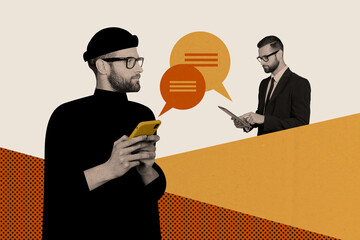 Picture image collage of two handsome man colleagues chatting online modern devices ipad isolated on painted background