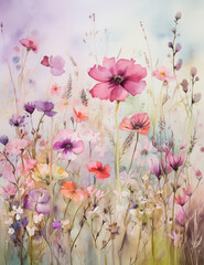 Field of wild flowers blooming in pastel colors watercolor illustration