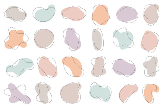 Abstract bubble shapes mega set in flat cartoon design. Bundle elements of wavy liquid templates, organic blobs or irregular round blots with line borders. Vector illustration isolated graphic objects