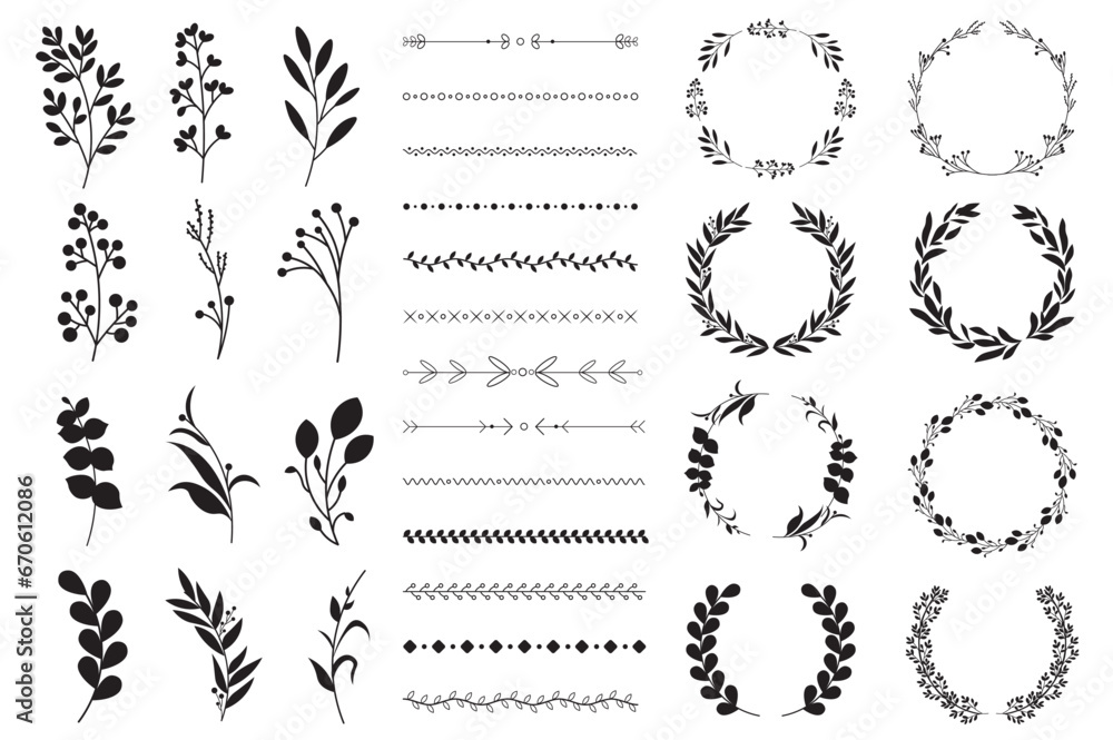Poster flowers, vignettes and wreaths mega set in flat cartoon design. bundle elements of black graphic twi