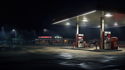 Horizontal shot of a generic unbranded gas station at night.