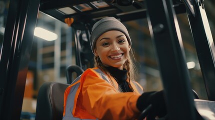 Young female worker smiling looking at camera driving an industrial forklift