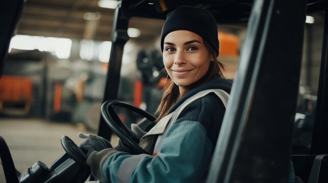 Young female worker smiling looking at camera driving an industrial forklift