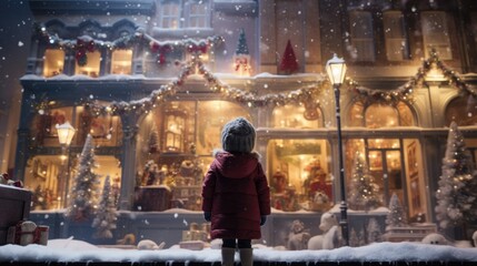 Child in knitted hat peers into shop filled with holiday plush toys. Gifts of the season.