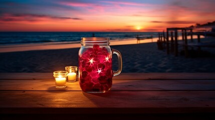 Raspberry juice in a mason jar glass, on a table lit by beach bonfire, stars starting to twinkle above. - obrazy, fototapety, plakaty