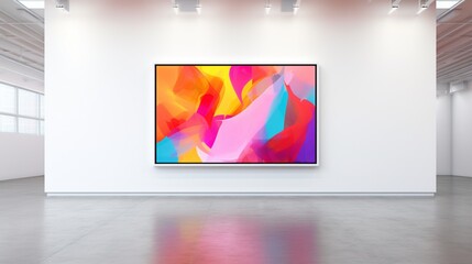 Side-angle view of a large LCD displaying a vibrant screensaver, contrasting vividly against a bright white wall.