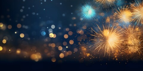 Naklejka premium Blue Bokeh Fireworks glitter Landscape background with copy space, New year holiday theme, count down