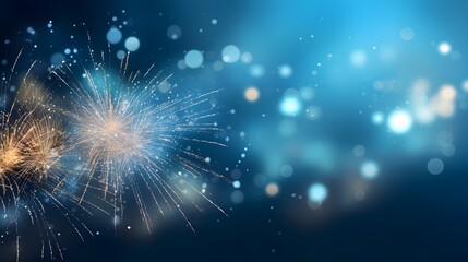 Blue Bokeh lights, blurry, Fireworks glitter Landscape background with copy space, New year holiday theme, count down