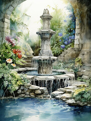 An active fountain with a beautiful landscape around it. Illustration using watercolor medium.