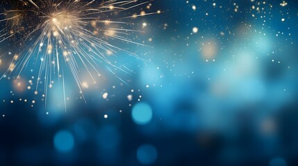 Blue Bokeh Fireworks glitter Landscape background with copy space, New year holiday theme, count down