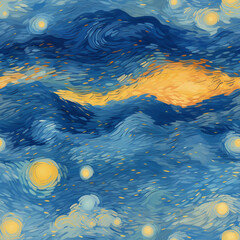 Seamless pattern night sky with stars and clouds, dark colors, watercolor painting blue and yellow galaxy space illustration