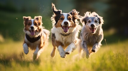 Three dogs playing in the grass