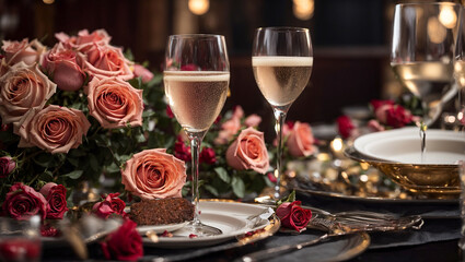 Champagne glasses, plate, flowers