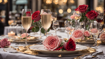 Champagne glasses, plate, flowers