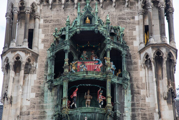 The Rathaus-Glockenspiel is large mechanical clock in Marienplatz Munich Germany - obrazy, fototapety, plakaty