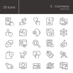 E-commerce Graphic Design icon set. 25 editable stroke vector graphic elements, stock illustration Icon, Shopping, Retail, Discount, Shopping Cart, Delivering