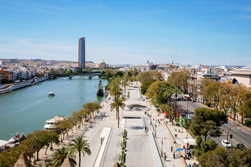 SEVILLE, SPAIN - 13 APRIL, 2023: City view from the Torre del Oro