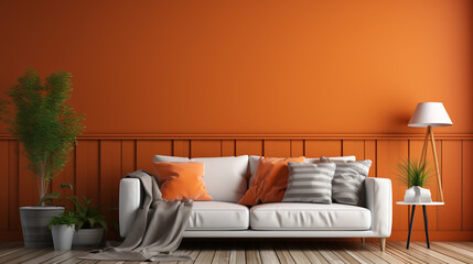 simple Orange living room and orange wall background light grey sofa. generative ai - obrazy, fototapety, plakaty