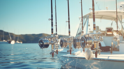 Fishing trolling boat rods in rod holder. Sea fishing rods and reels in a row. - obrazy, fototapety, plakaty