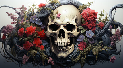 Skull illustration.Dead day party, sugar skull or halloween holiday. generative ai
