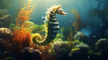Single seahorse clinging to a piece of seaweed, sunrays casting a radiant glow around it. - obrazy, fototapety, plakaty