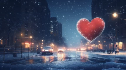 Fotobehang Snowfall in the city, with a heart-shaped snow imprint on a car's window, city lights softly glowing in the background. © Ahmad