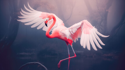 Greater flamingo, Phoenicopterus ruber, pink flamingo. Pink flamingo on a lake in the foggy jungle. Toned. 