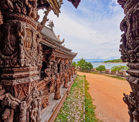 View from interior Sanctuary of truth wooden castle at Pattaya