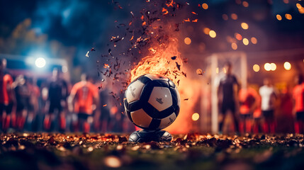 Soccer ball on fire with burning flames on the background of a soccer match. 