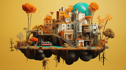 Ilustracja 3d - render. Miasto. Abstrakcyjny świat - obrazy, fototapety, plakaty