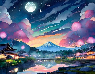 幻想的な富士山の夜景