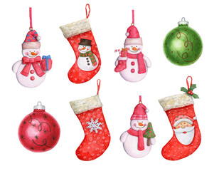 Watercolor set of christmas elements, decorations, balls, socks, snowmen isolated on white background.