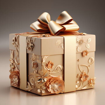 Golden giftbox with golden flowers and bow decoration on reflective floor