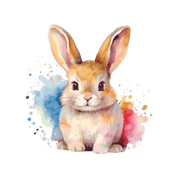 Easter rabbit hare holiday watercolor paint for greeting card decor on white background
