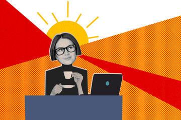 Photo collage artwork minimal picture of dreamy cheerful lady enjoying morning office coffee isolated graphical background