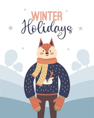 Cartoon fox with winter clothes illustration. Funny animal character in sweater