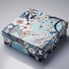 Blue giftbox with anime style flower decorations on white floor with shadow