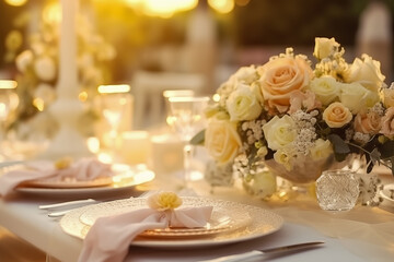 Glasses and plates for a romantic dinner, festive atmosphere with flowers and candles. Decor in Provence style for the holiday in soft colors. Table setting for a wedding.