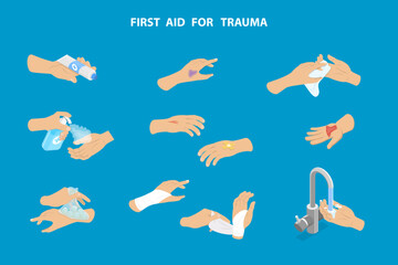 3D Isometric Flat Vector Illustration of First Aid For Trauma, Emergency Help - obrazy, fototapety, plakaty