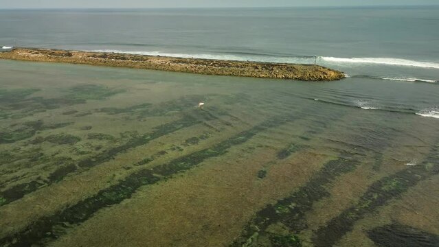 Aerial view of a surfer walking along the shore with a board. Surfing is an extreme sport, catching a wave in the ocean. A man in a T-shirt goes to the line-up to surf in the ocean.