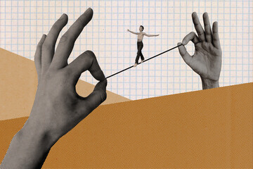 Composite collage image of young female walk tightrope wire hands hold risk taker circus workaholic balance magazine sketch