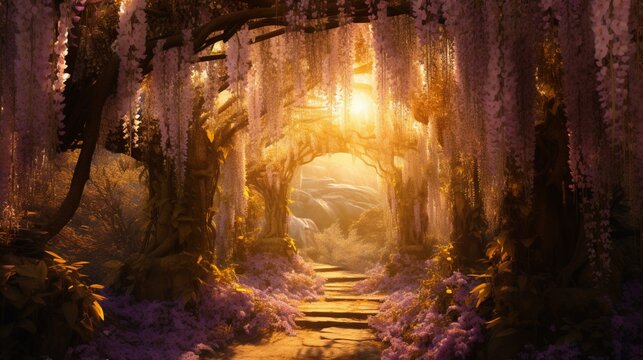 Soft golden sunlight filtering through a cascading wisteria tunnel, creating a dreamy morning atmosphere.