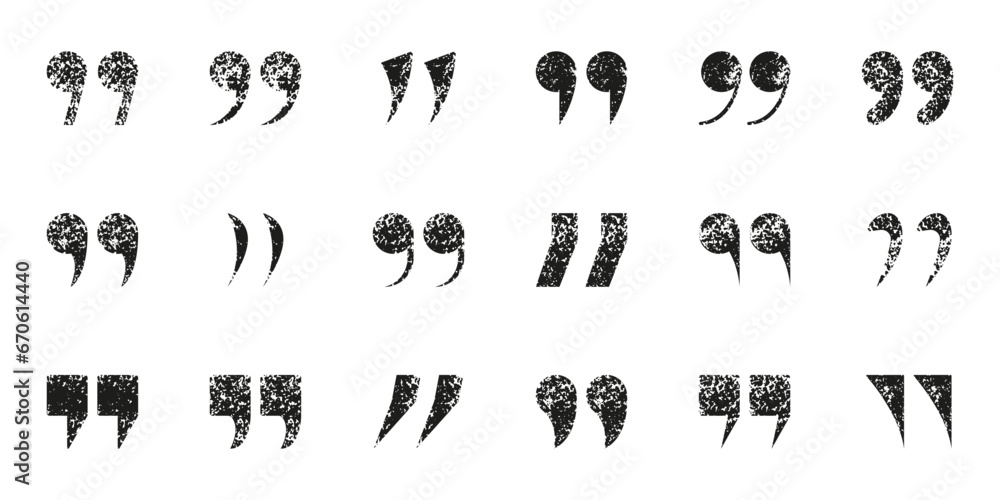 Poster quotation mark with grunge texture icon set. double comma grimy collection. speech punctuation dirty