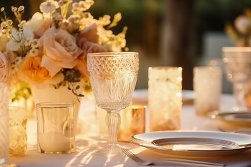Fototapeta na wymiar Glasses and plates for a romantic dinner, festive atmosphere with flowers and candles. Decor in Provence style for the holiday in soft colors. Table setting for a wedding.
