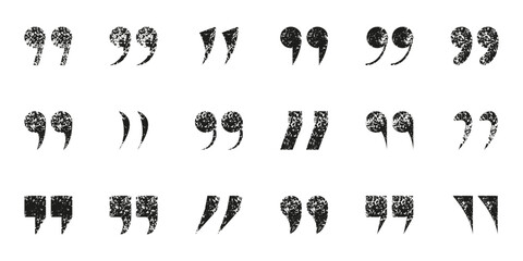 Quotation Mark With Grunge Texture Icon Set. Double Comma Grimy Collection. Speech Punctuation Dirty Symbols. Quote Sign. Dialogue Or Conversation Concept. Isolated Vector Illustration