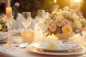 Glasses and plates for a romantic dinner, festive atmosphere with flowers and candles. Decor in Provence style for the holiday in soft colors. Table setting for a wedding.