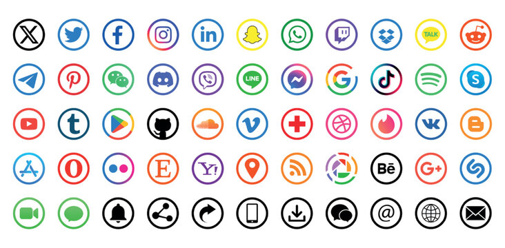 Set of social media icons. Social network vector symbols.. X, Instagram, Facebook, YouTube, Telegram, Tik Tok, Pinterest, Snapchat, WhatsApp, LinkedIn.. Stock royalty free vector illustration. PNG	