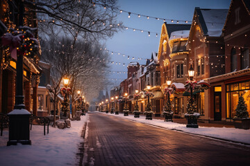 Fototapeta premium snowy evening street decorated with christmas decorations. winter holidays in the town