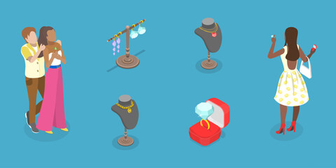 3D Isometric Flat Vector Illustration of Jewelry Shop, Precious Accessories